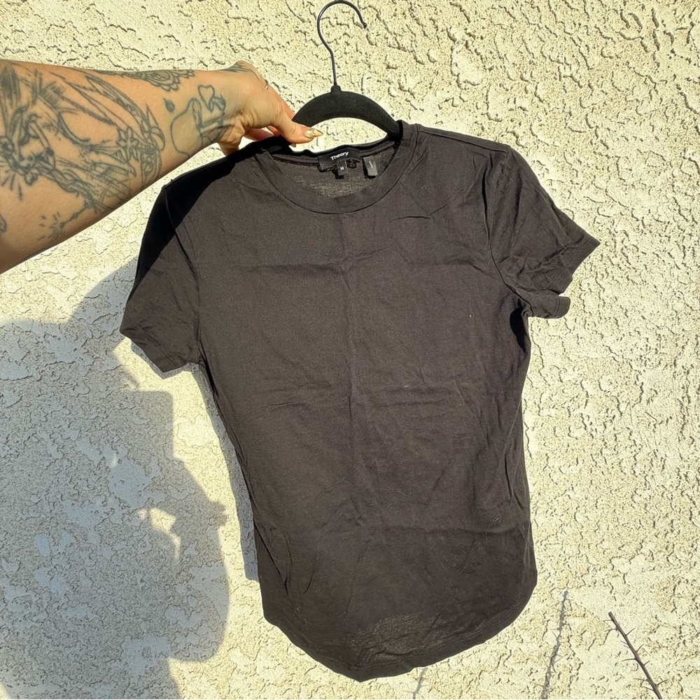 Theory Black Short Sleeve Tee with Curved Hem